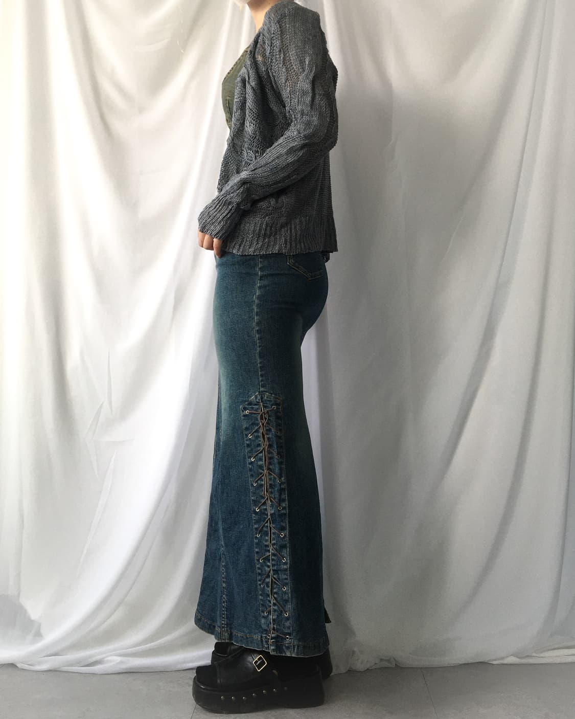 Side lace up point denim long skirt 상품이미지8