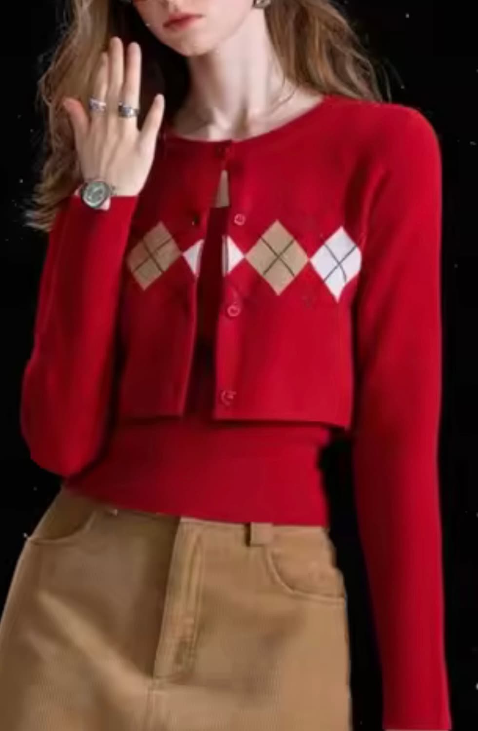 다이아몬드 패턴 레드 나시 가디건 세트 상품이미지2
