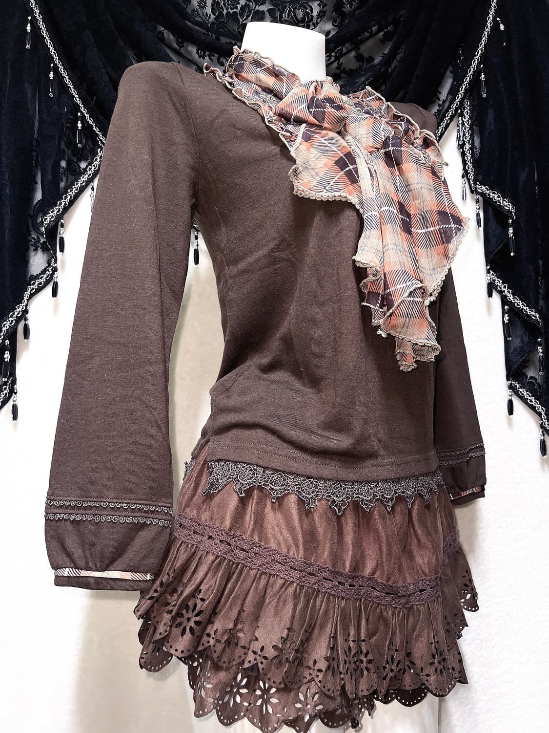 엑시즈팜 라떼갸루 로맨틱 체크 왕리본 레이스 로걀탑 핀터 공겜 너드 상품이미지4