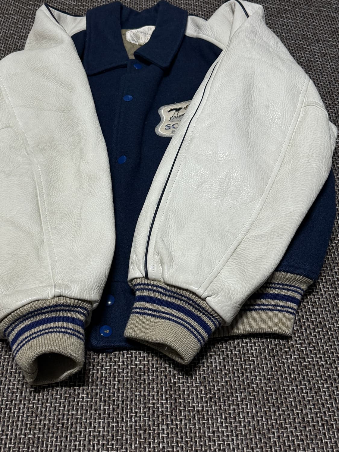 80s~90s 스쿱맨 샷건 네이비 울 레더 바시티 자켓 상품이미지6