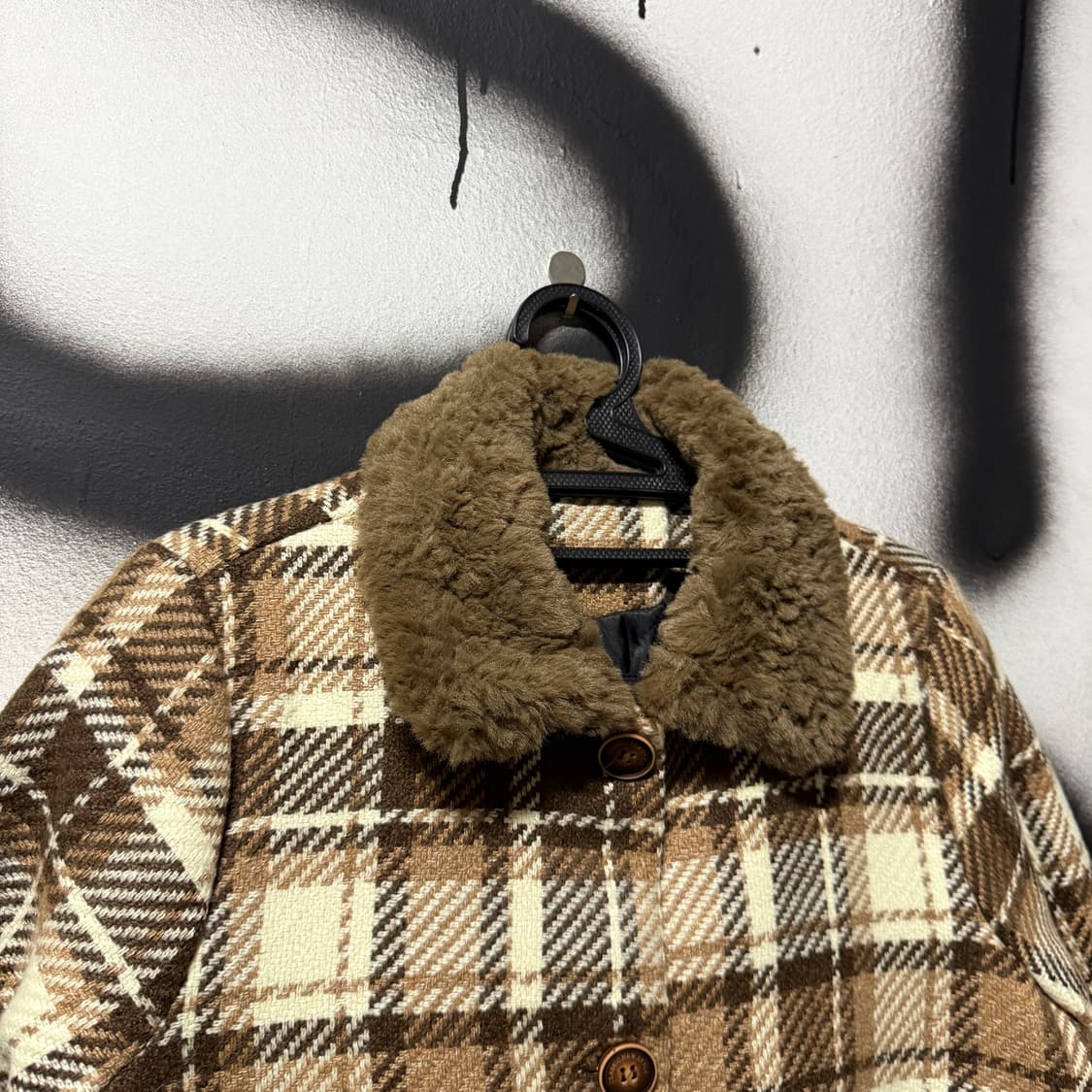 VTG 빈티지 모리 초코브라운 체크 패턴 퍼 코트 자켓 상품이미지3