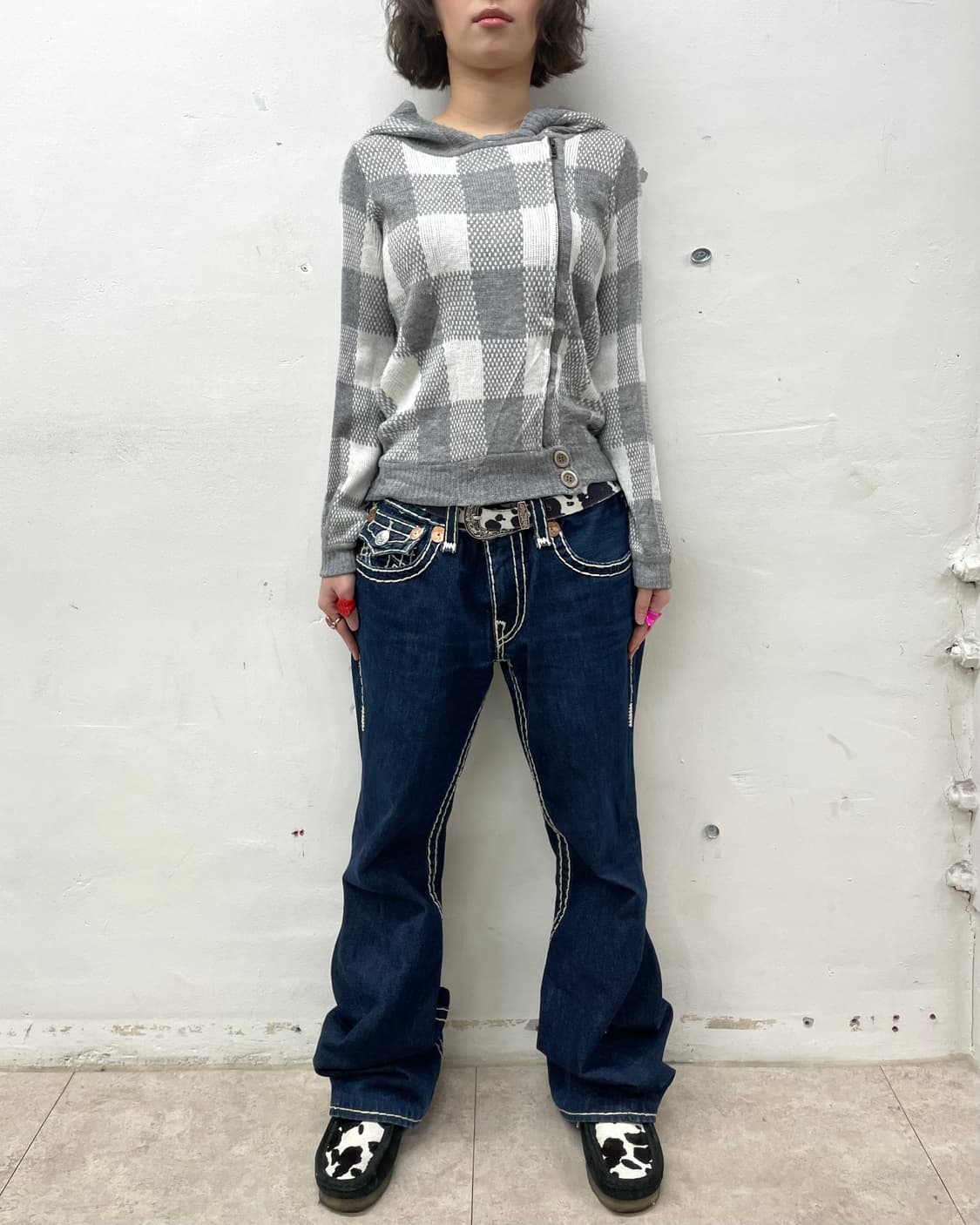 asymmetric gray checkered hooded jacket 상품이미지5