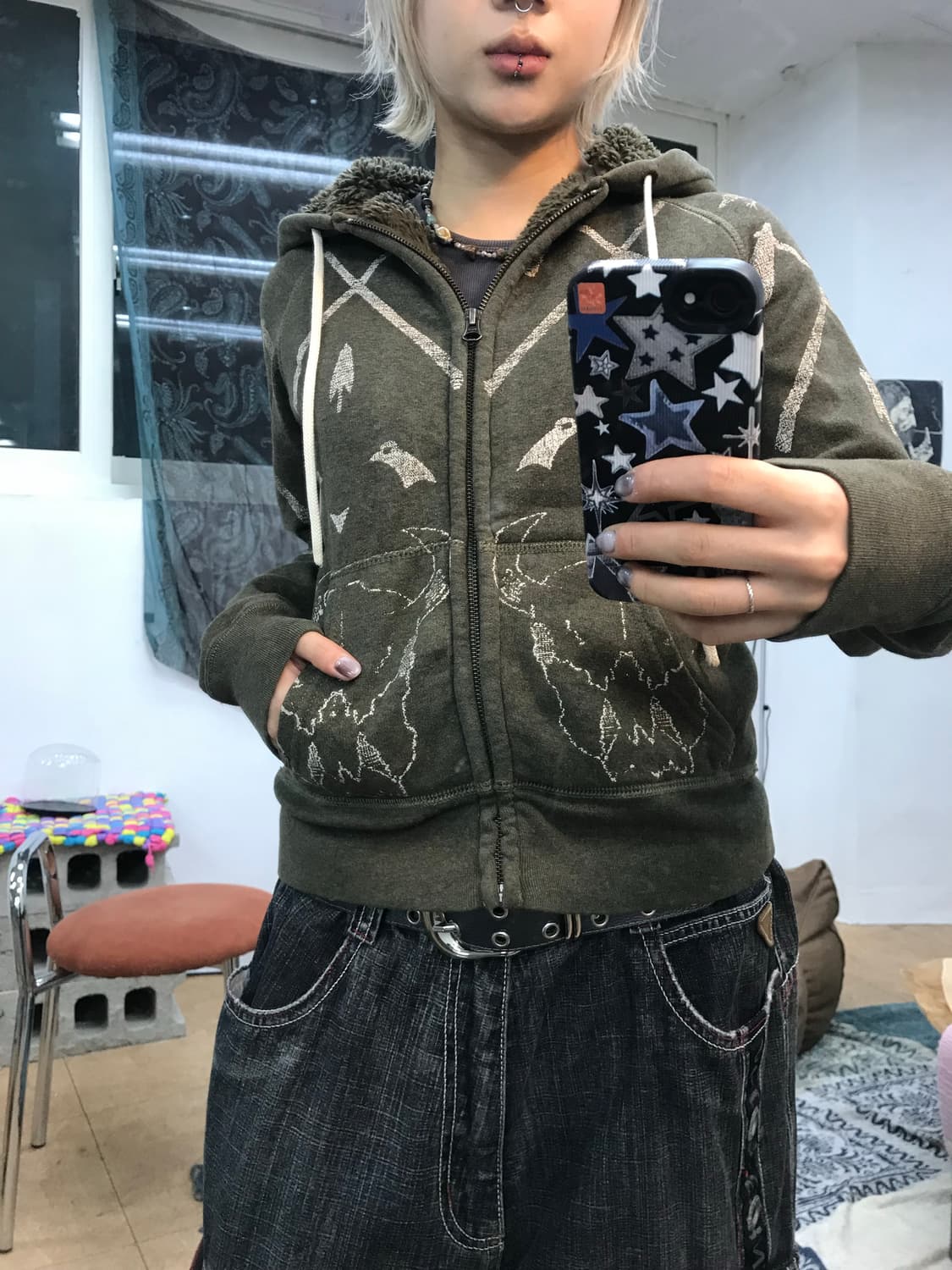 데님앤서플라이 프린팅 에스닉 양털 기모 후드집업  상품이미지1