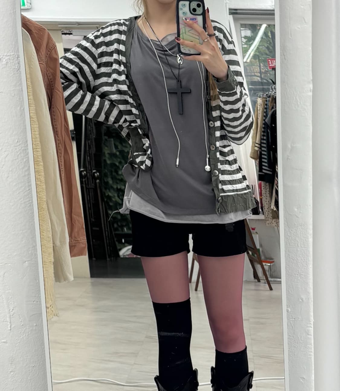 y2k 카키 스트라이프 면 가디건 상품이미지2