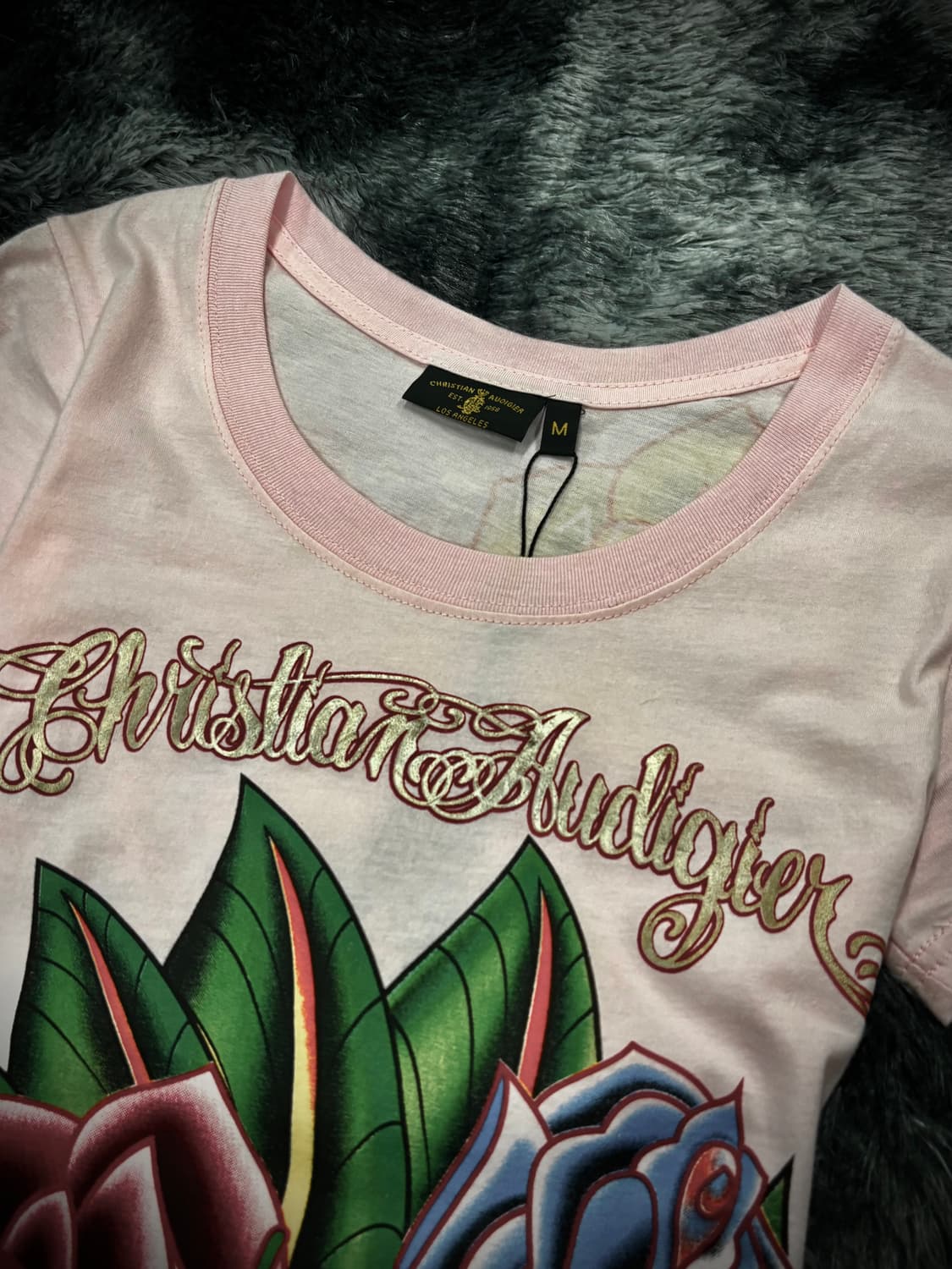 Christian Audigier 핑크 올드스쿨 프린팅 큐빅 반팔 티셔츠 상품이미지3