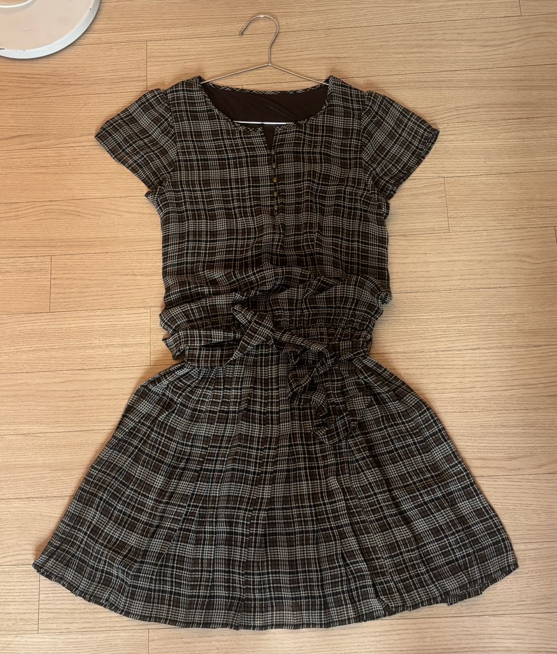 빈티지 브라운 체크 플리츠 원피스 상품이미지1