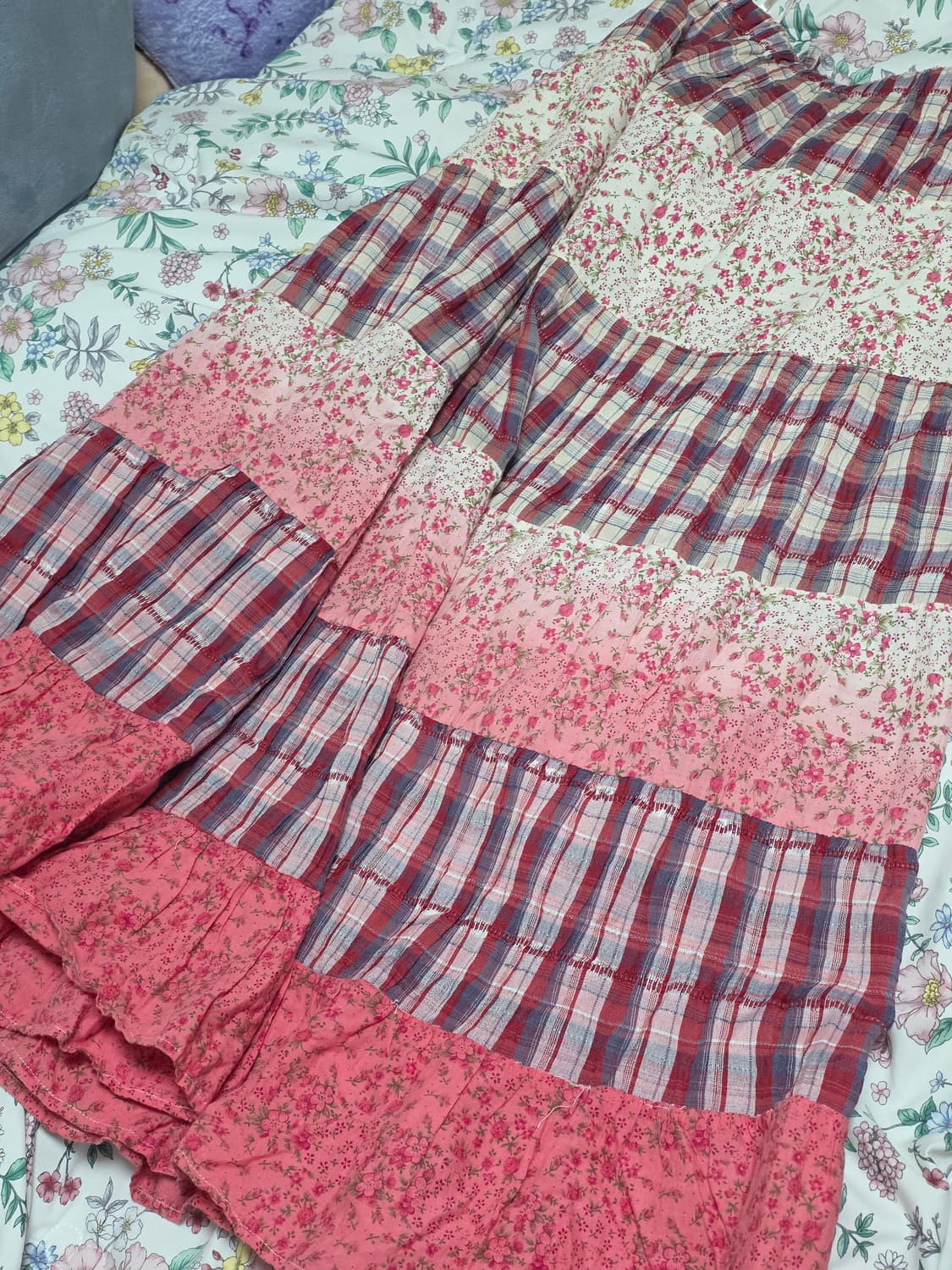 일본빈티지)플로럴 체크 패치워크 캉캉 스즈코모리걸 레드 로맨틱롱스커트 상품이미지3