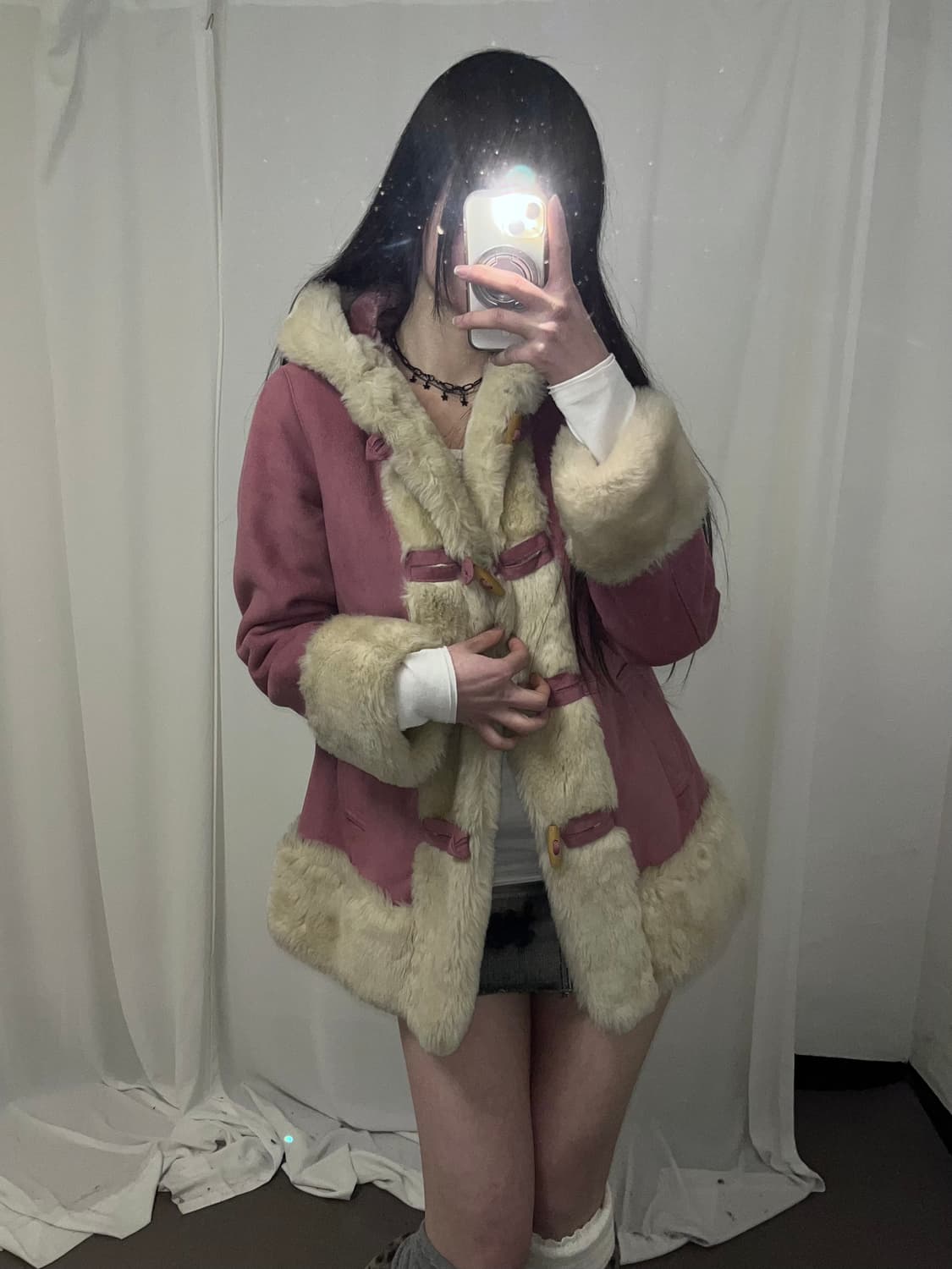 핑크 퍼트리밍 후드 떡볶이 코트 상품이미지5