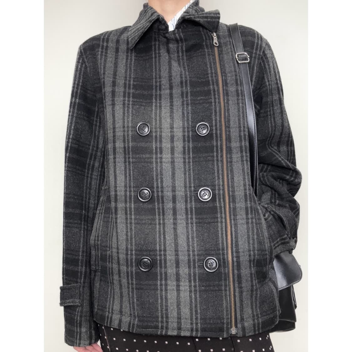 빈티지 그레이 체크 울 하프 더블코트 자켓 상품이미지1