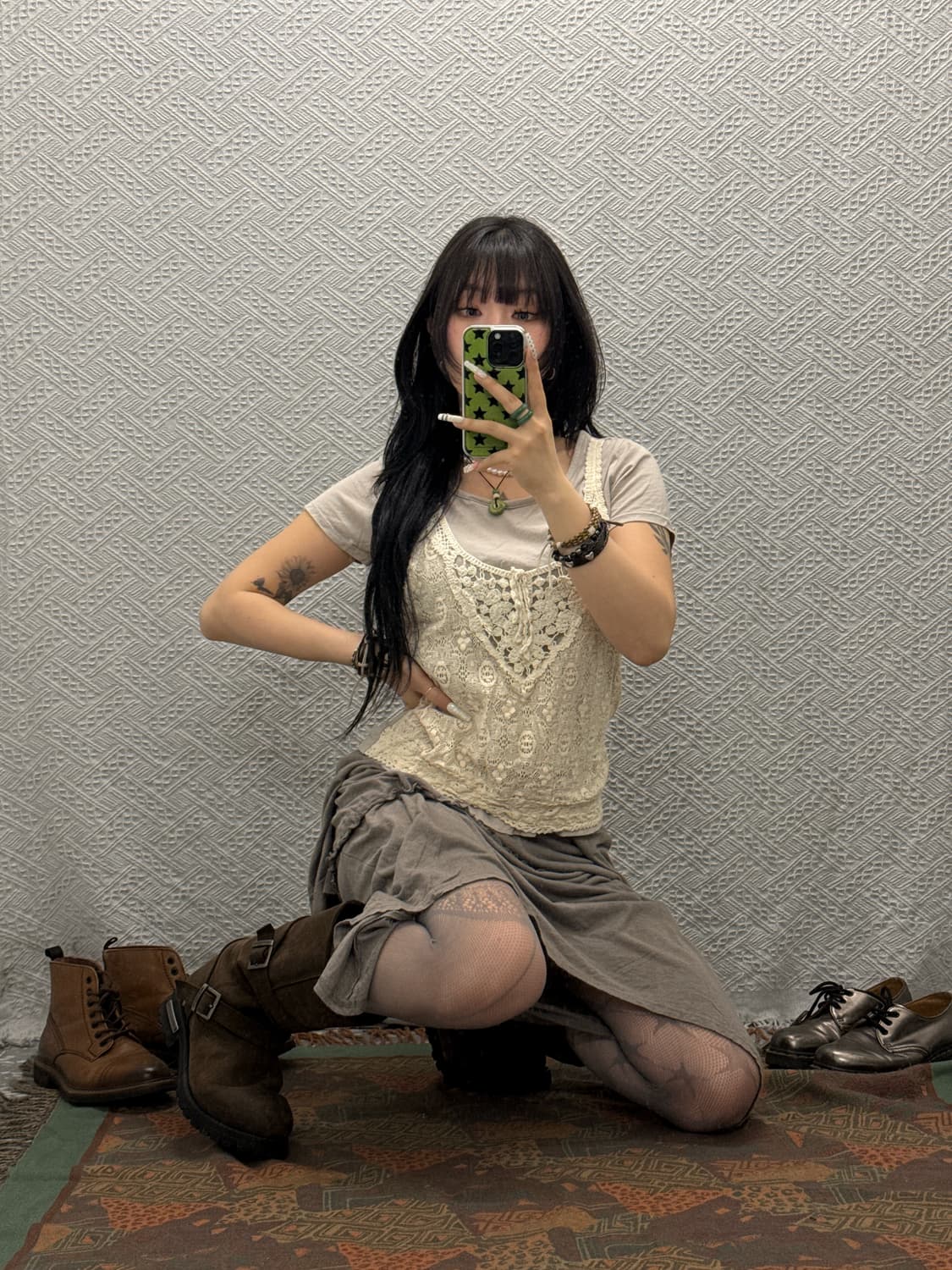 빈티지 란제리코어 페미닌 레이스 레이어드 반팔티 K0107 상품이미지1