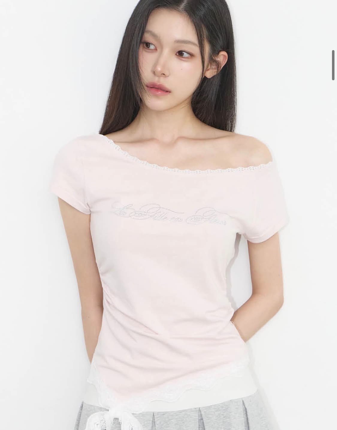 일리고 레이스 원숄더 셔링 탑 핑크 상품이미지1