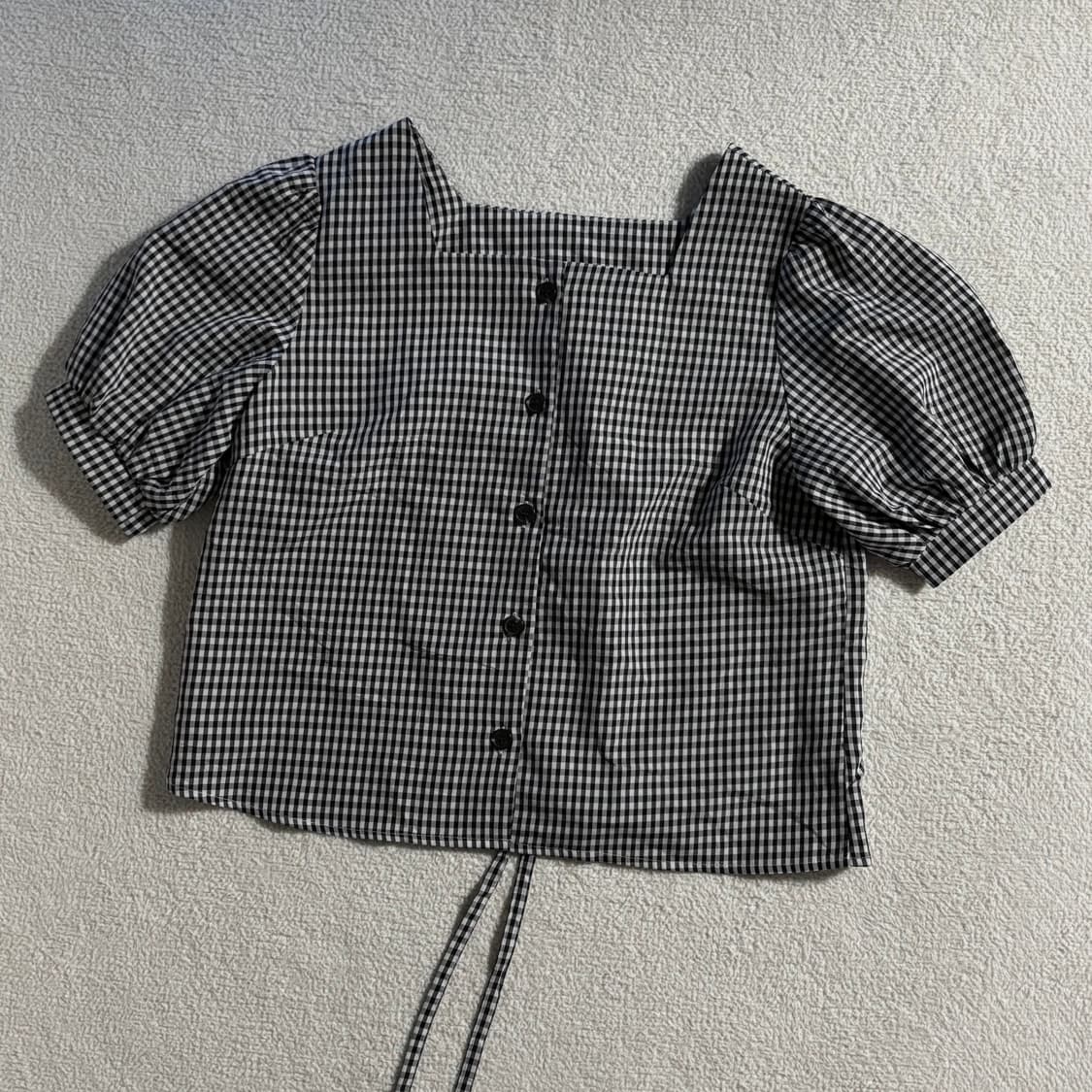 일본빈티지 블랙화이트 체크 스퀘어넥 반팔 탑 상품이미지1