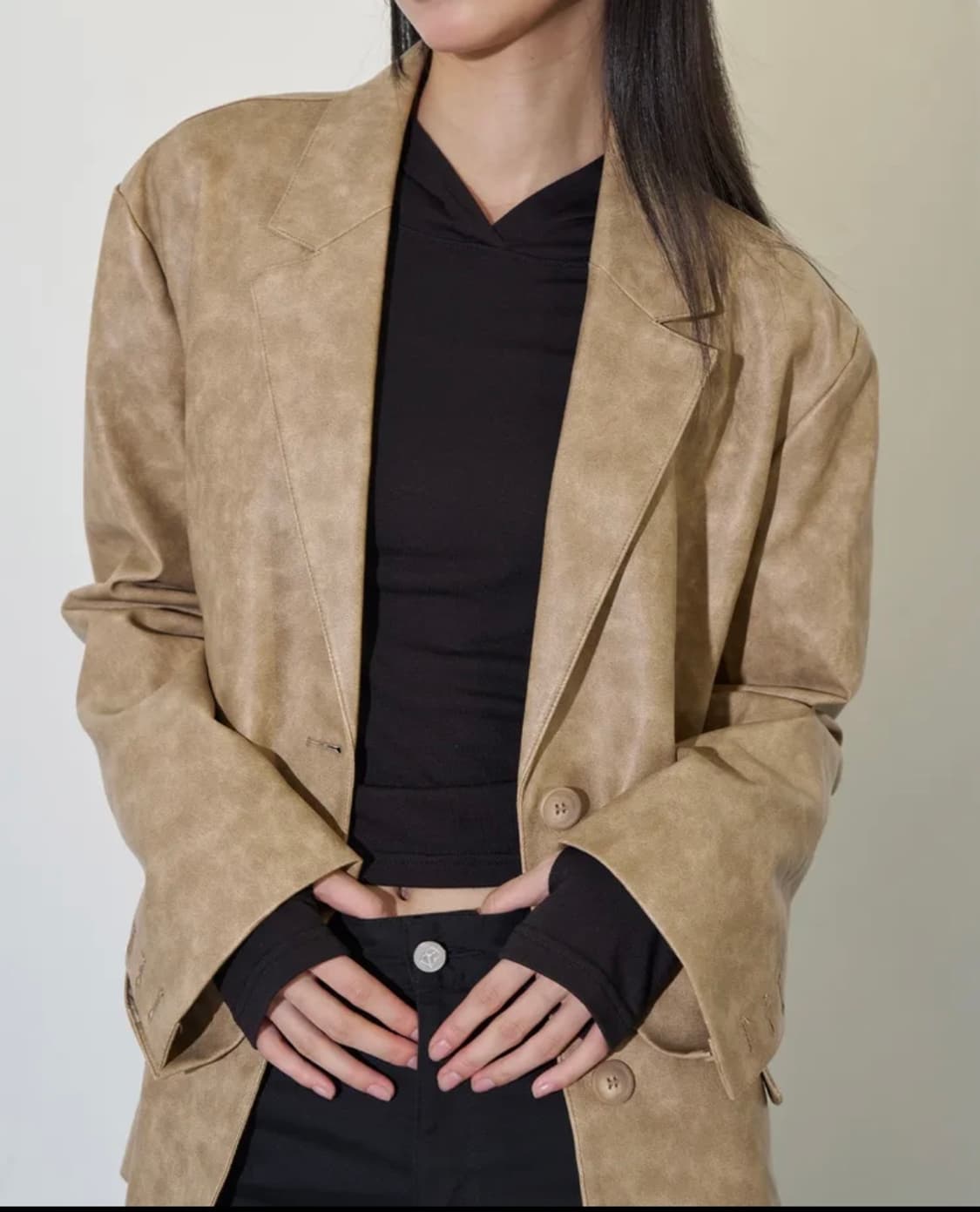 일리고 오버 핏 빈티지 레더 자켓 베이지 상품이미지3