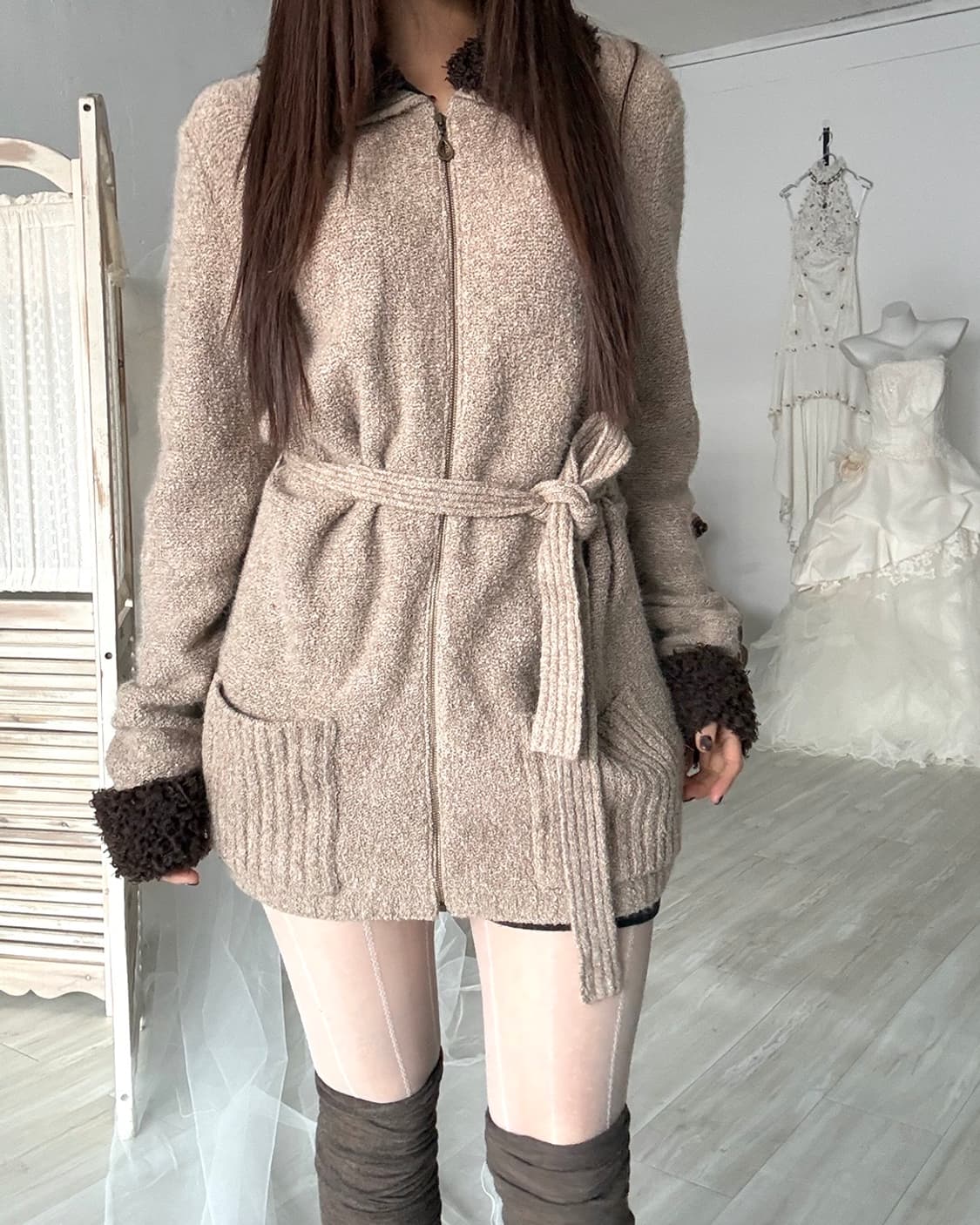 Mute beige wool knit zip-up 상품이미지2