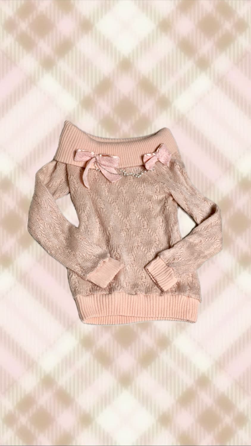 교환/판매] 리즈리사 핑크 리본 진주 체인 오프숄더 니트 히메 갸루 상품이미지1