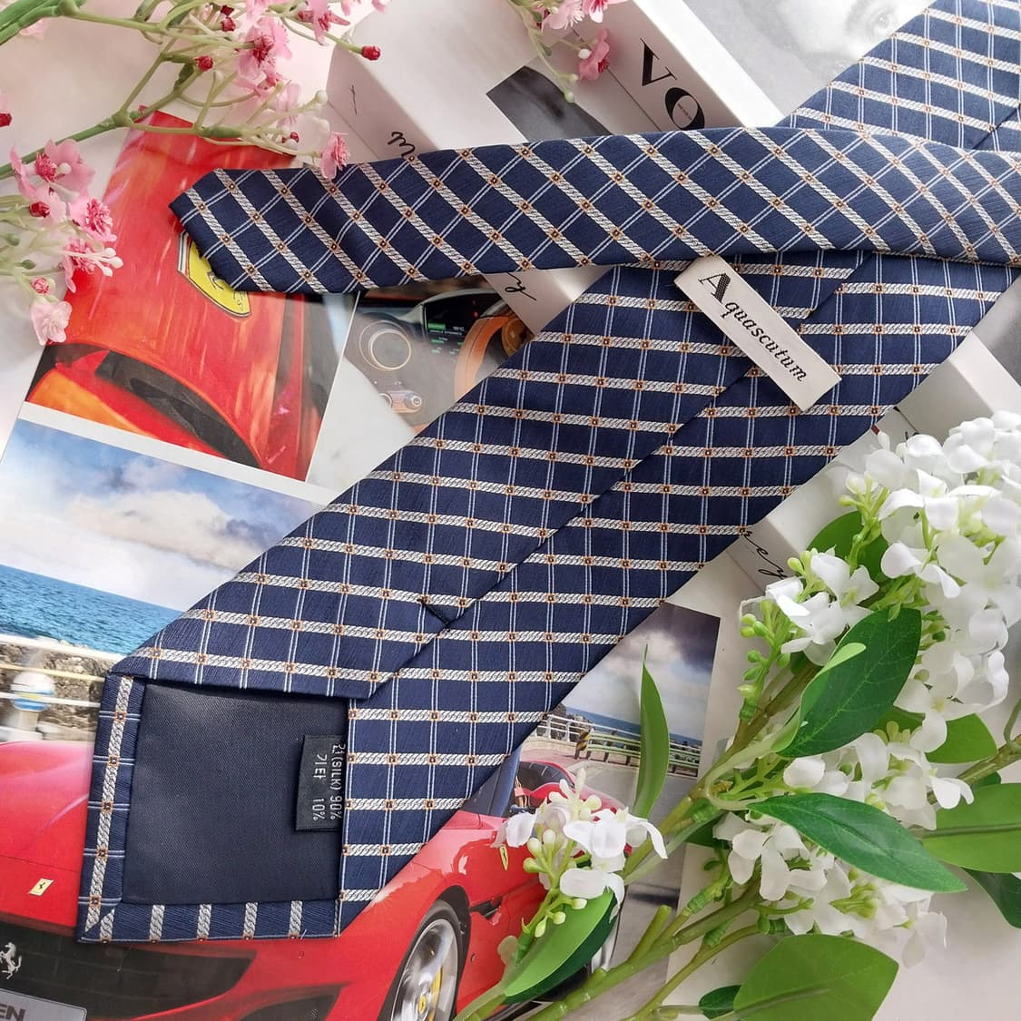 아쿠아스큐텀 실크 네이비 체크 패턴 넥타이 9.3cm A등급 K2342 상품이미지5