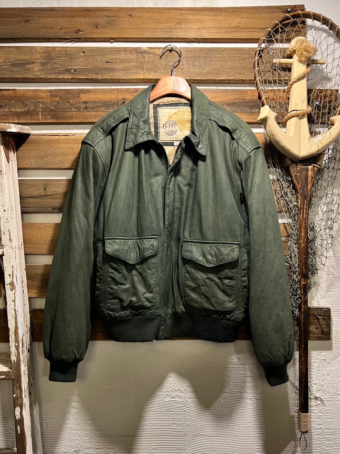 [M]90's USA 빈티지 그린 리얼레더 A-2 자켓 상품이미지1