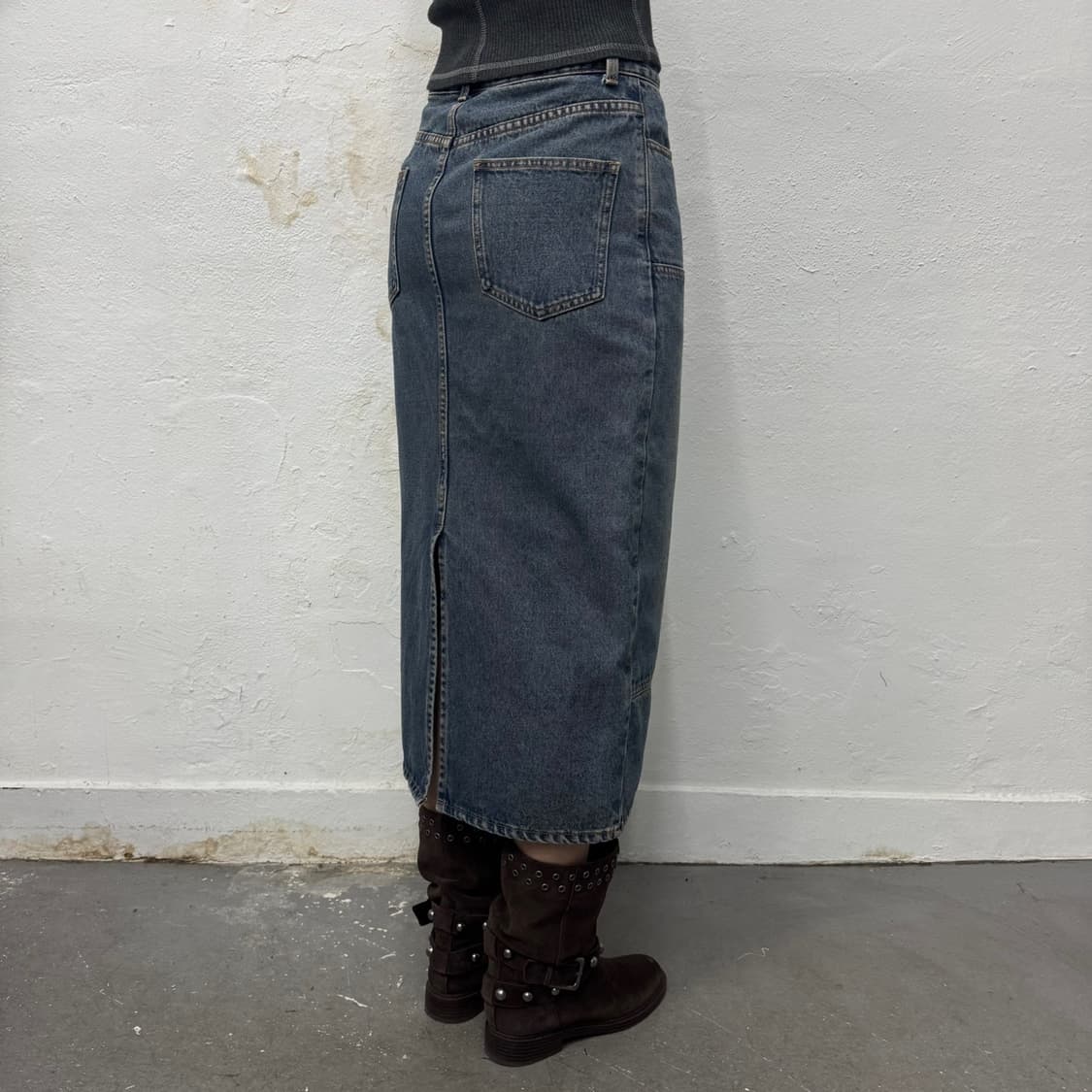 Oriens by 저널스탠다드 라이트블루 데미지 더블니 데님 롱 스커트 상품이미지2