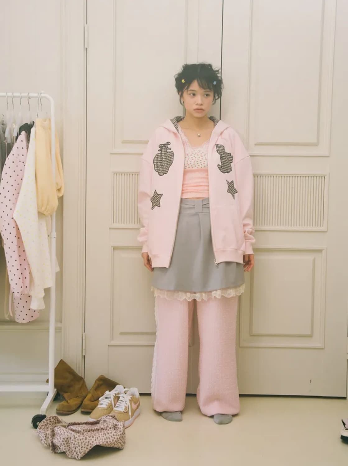 샤키리 키링 체크 패치 후디 핑크 상품이미지1