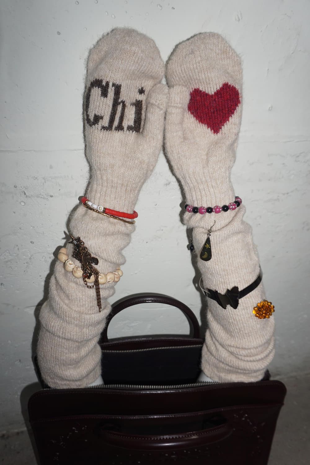 스컬프터 울워머 핸드글로브 크림 벙어리장갑롱니트스웨터하트아이보리베이지터치 상품이미지1