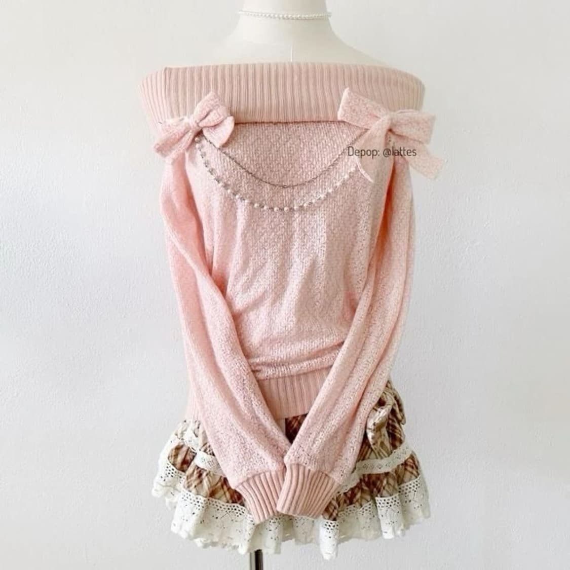 [교/판] 리즈리사 리본 진주 핑크 오프숄더 니트 라떼 히메 갸루 러블리 상품이미지1
