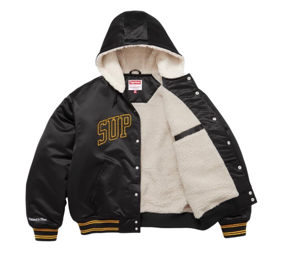 슈프림 미첼 & 네스 라인드 후드 사틴 바시티 자켓 블랙 상품이미지2