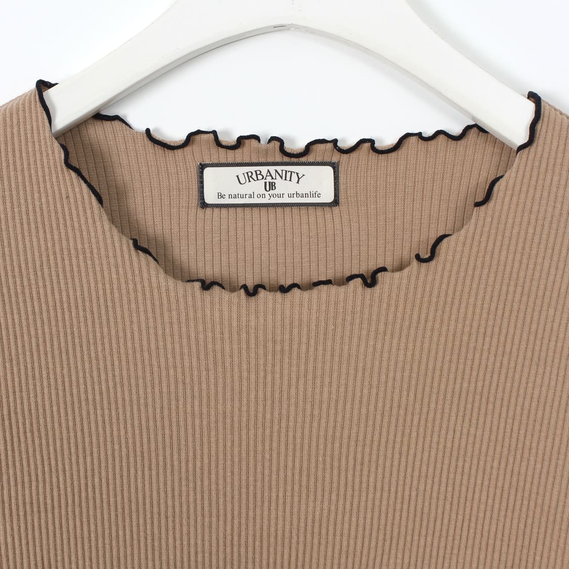 일본 빈티지 베이지 골지 프릴 반팔 티셔츠 상품이미지2