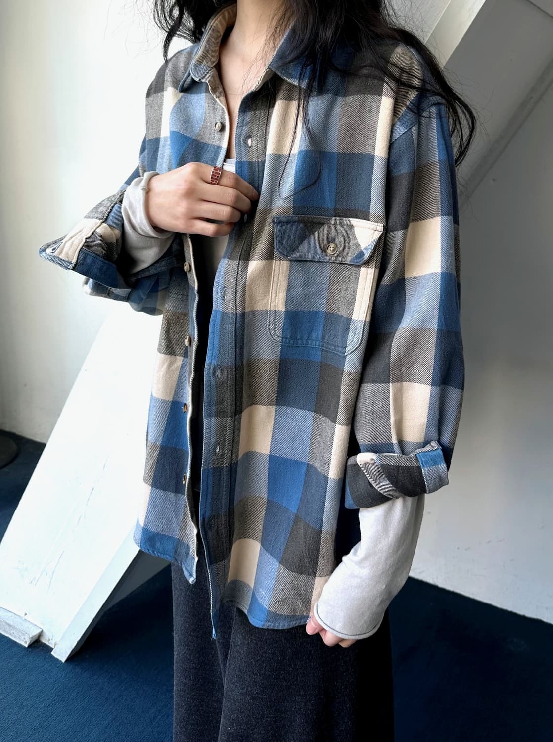  Cotton woven nel check wide shirt 상품이미지8