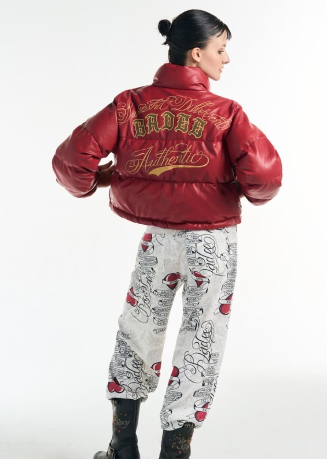 Badee 배디 빈티디 y2k 레더 셔링 자수 로고 크롭 패딩 점퍼 L 상품이미지3