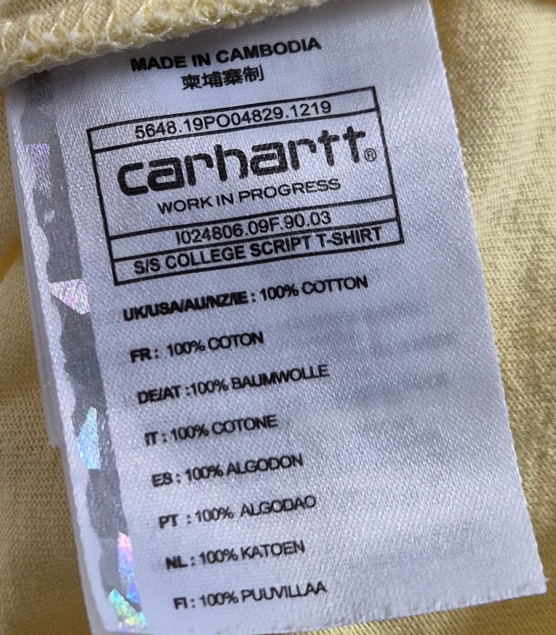 L (100) 칼하트 WIP 스크립트 라이트옐로우 반팔티 상품이미지3