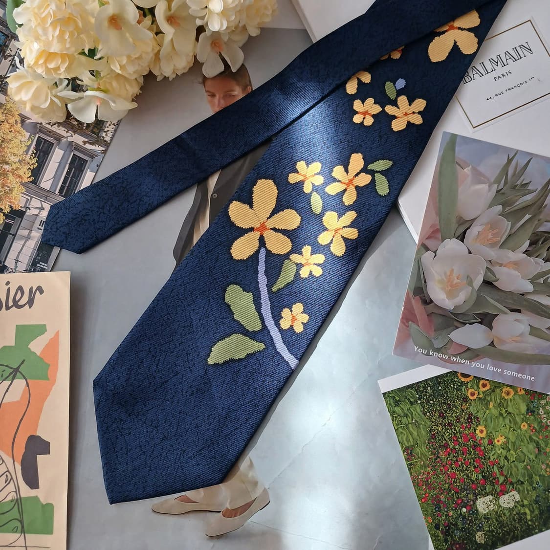 발망 실크 네이비 플라워 패턴 넥타이 9.8cm A+등급 A19221
 상품이미지3