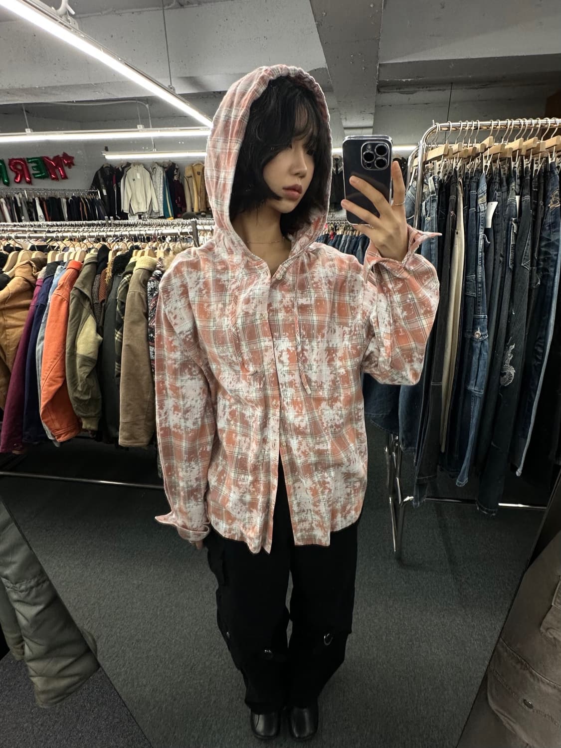 OS)빈티지 그런지 오버핏 후드 체크 셔츠 상품이미지2