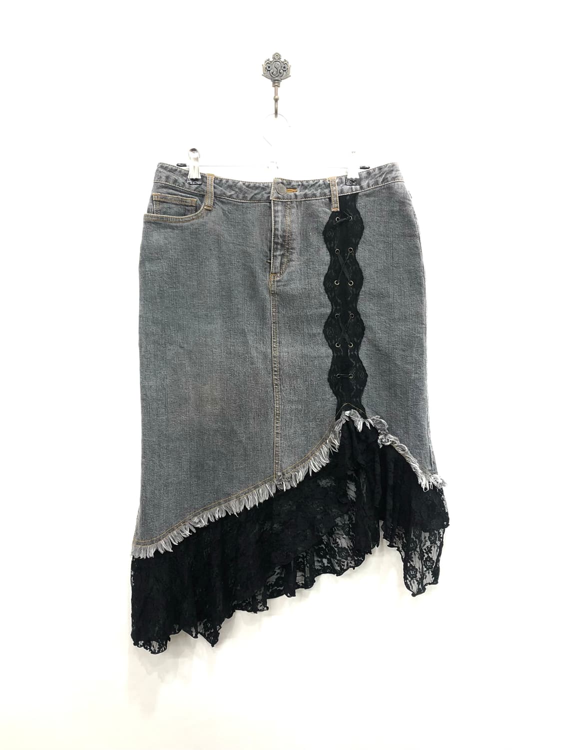 black lace&eyelet gray denim midi skirt 상품이미지2