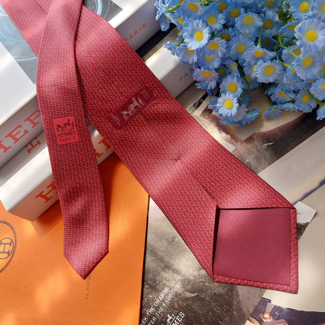 에르메스 다홍 H로고 패턴 넥타이 9.1cm S~A+등급 K2811 상품이미지4