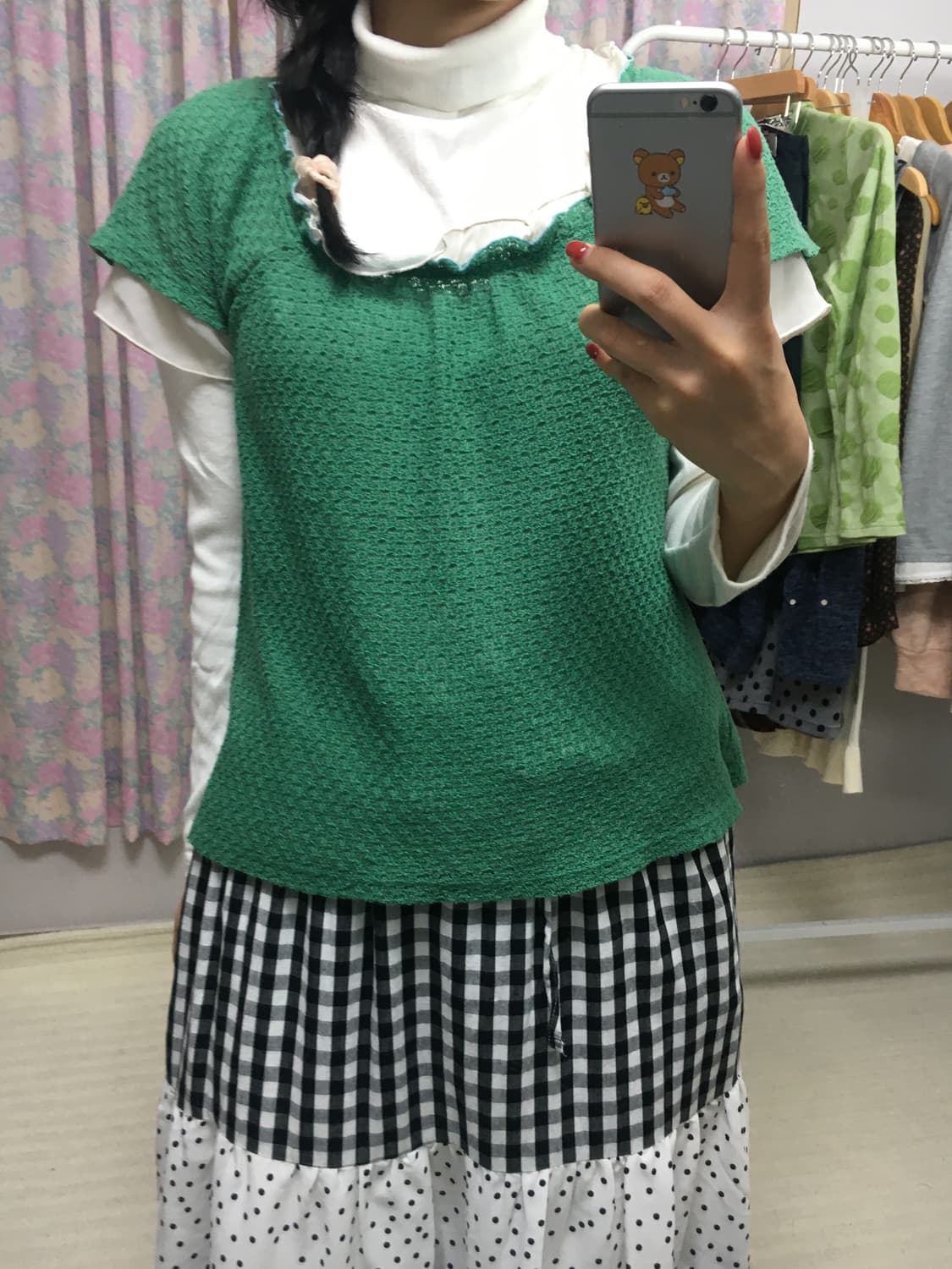 그린 쉬폰 반소매 니트탑 상품이미지2