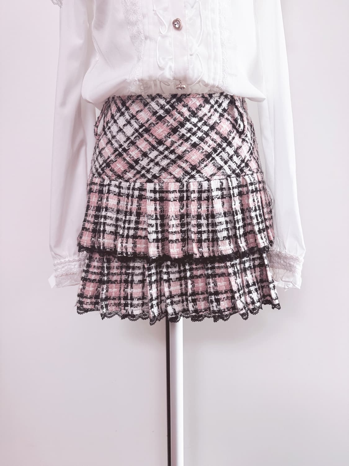 Tralala 핑크체크 트위드 캉캉스커트 양산형 지뢰계 일브  상품이미지1