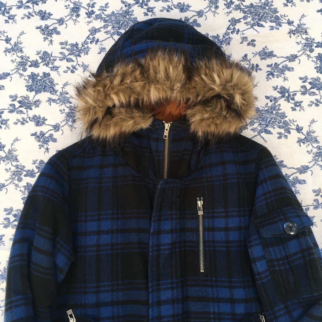일본빈티지 블루 블랙 체크 후드 패딩 점퍼 상품이미지7