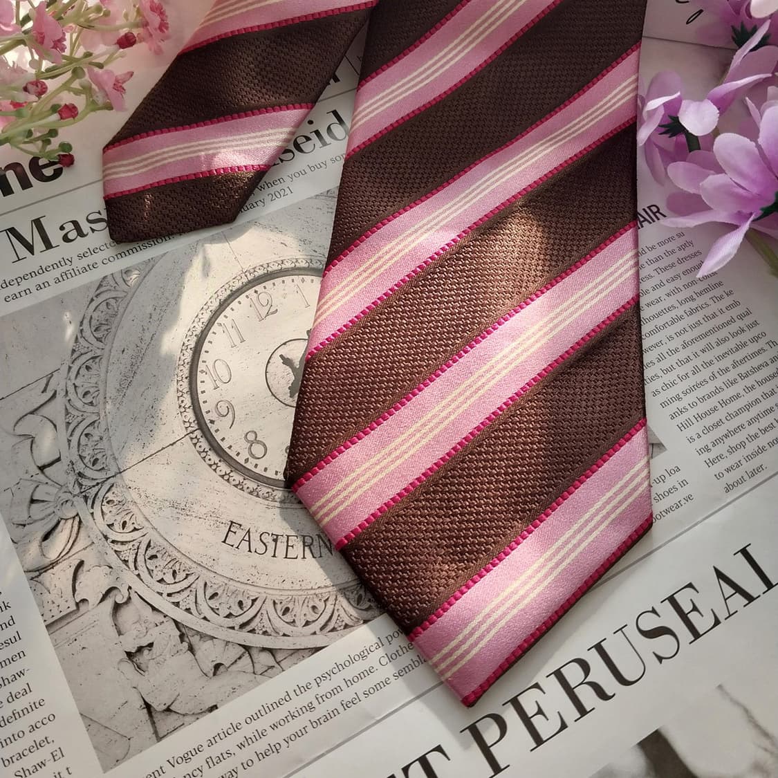 빨질레리 핑크브라운 실크 스트라이프 넥타이 9.1cm A+등급 K1414 상품이미지3