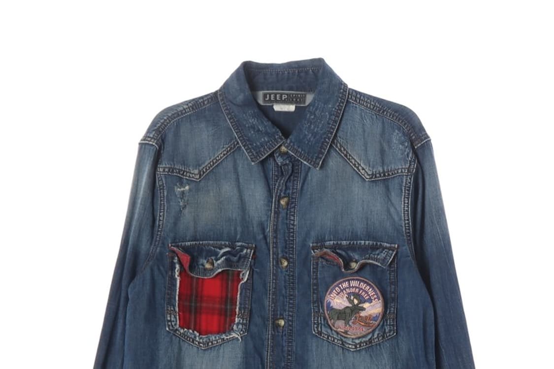 JEEP SPIRIT 빈티지 패치워크 워싱 데님 셔츠 M 상품이미지3