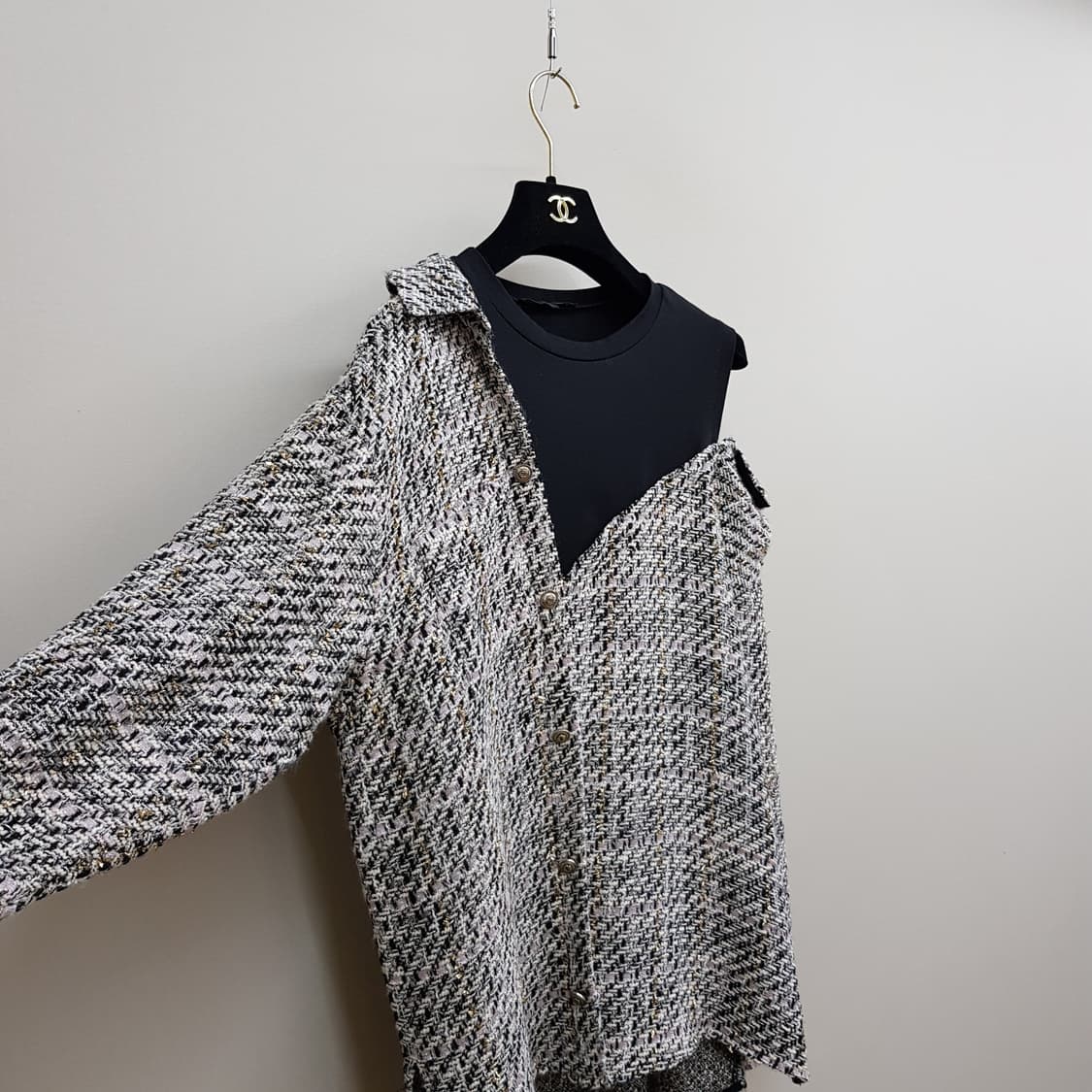 MAJE 마쥬 트위드 오프숄더 레이어드 셔츠 블라우스 1사이즈 상품이미지4