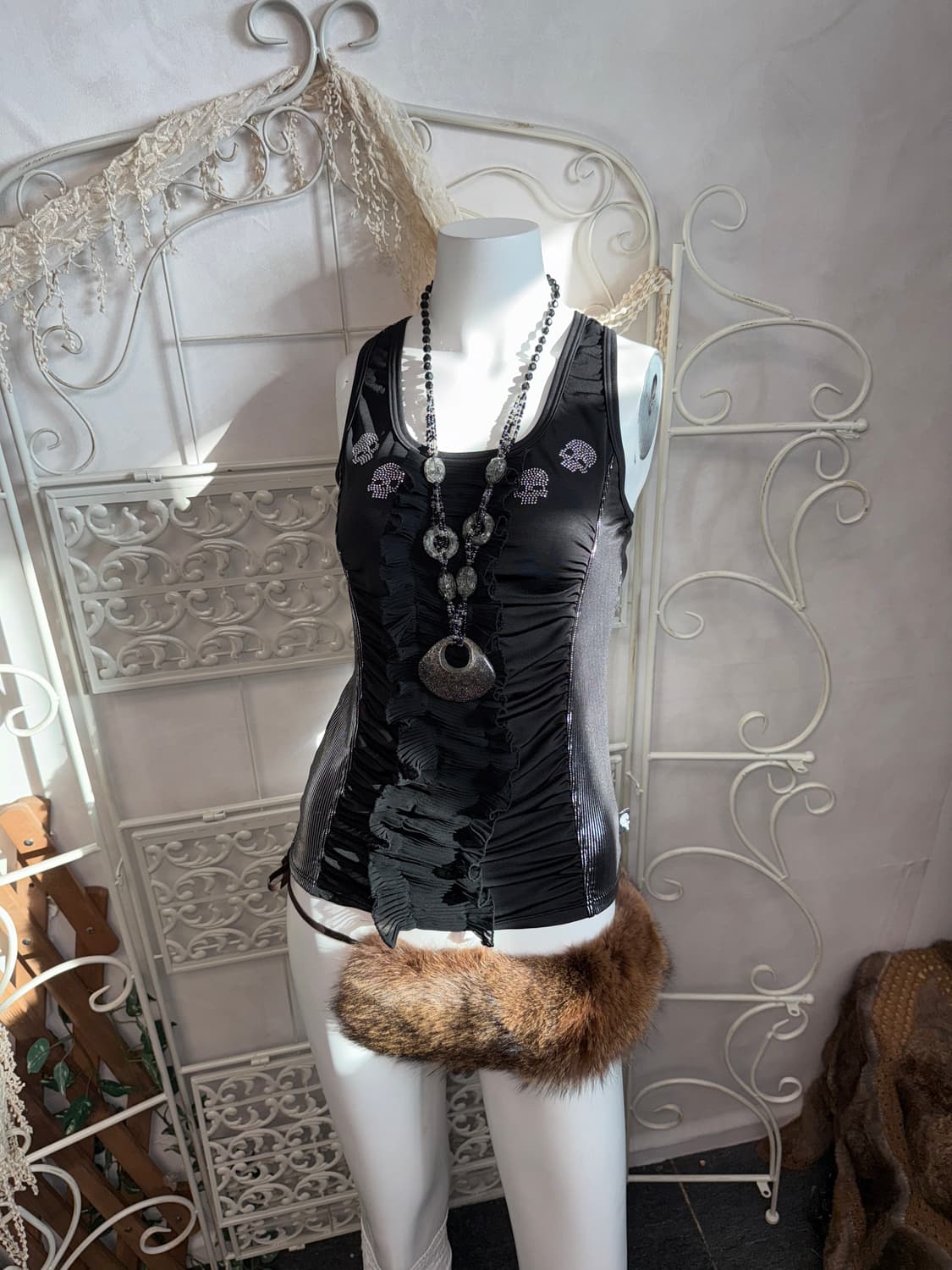 Black silver skull shirring ruffle 슬리브리스 상품이미지1