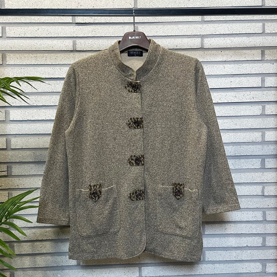 JPN VINTAGE 클래식 노카라 버튼 자켓 호피 패브릭 디테일 베이지 상품이미지2