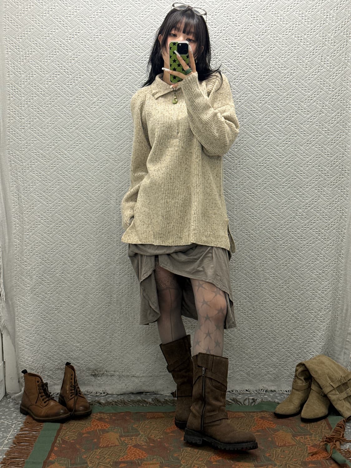 빈티지 걸코어 코지 여리 아방핏 카라 오트밀 롱 니트 K0072 상품이미지2