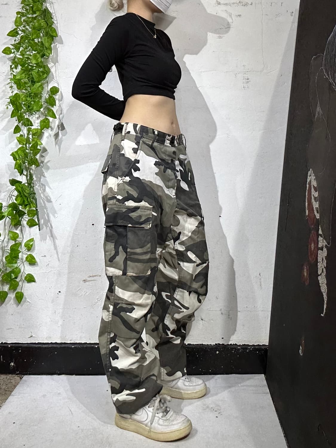 빈티지 카키 밀리터리 카모 와이드 카고 팬츠 군대 바지 상품이미지1