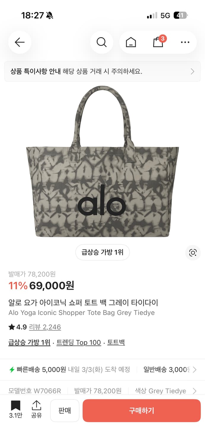 알로 요가 아이코닉 쇼퍼 토트 백 그레이 타이다이 상품이미지1