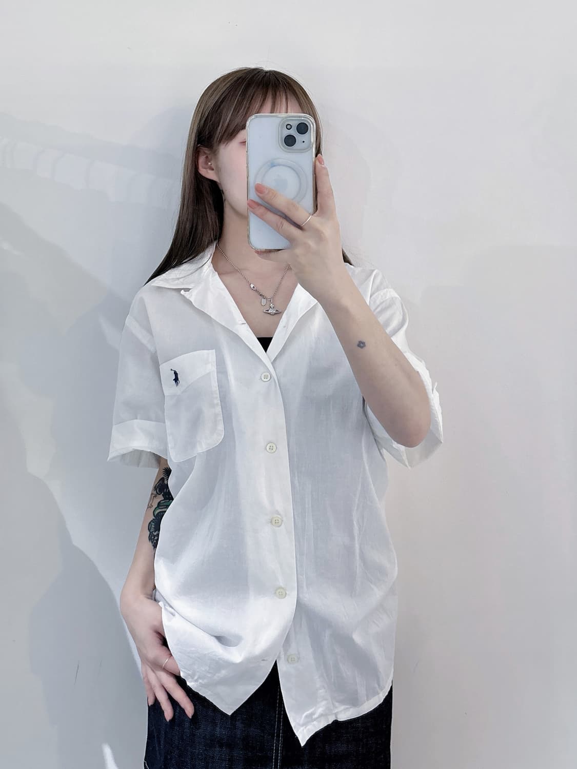 폴로랄프로렌 qr 네이비포니 화이트 반팔 셔츠 상품이미지1