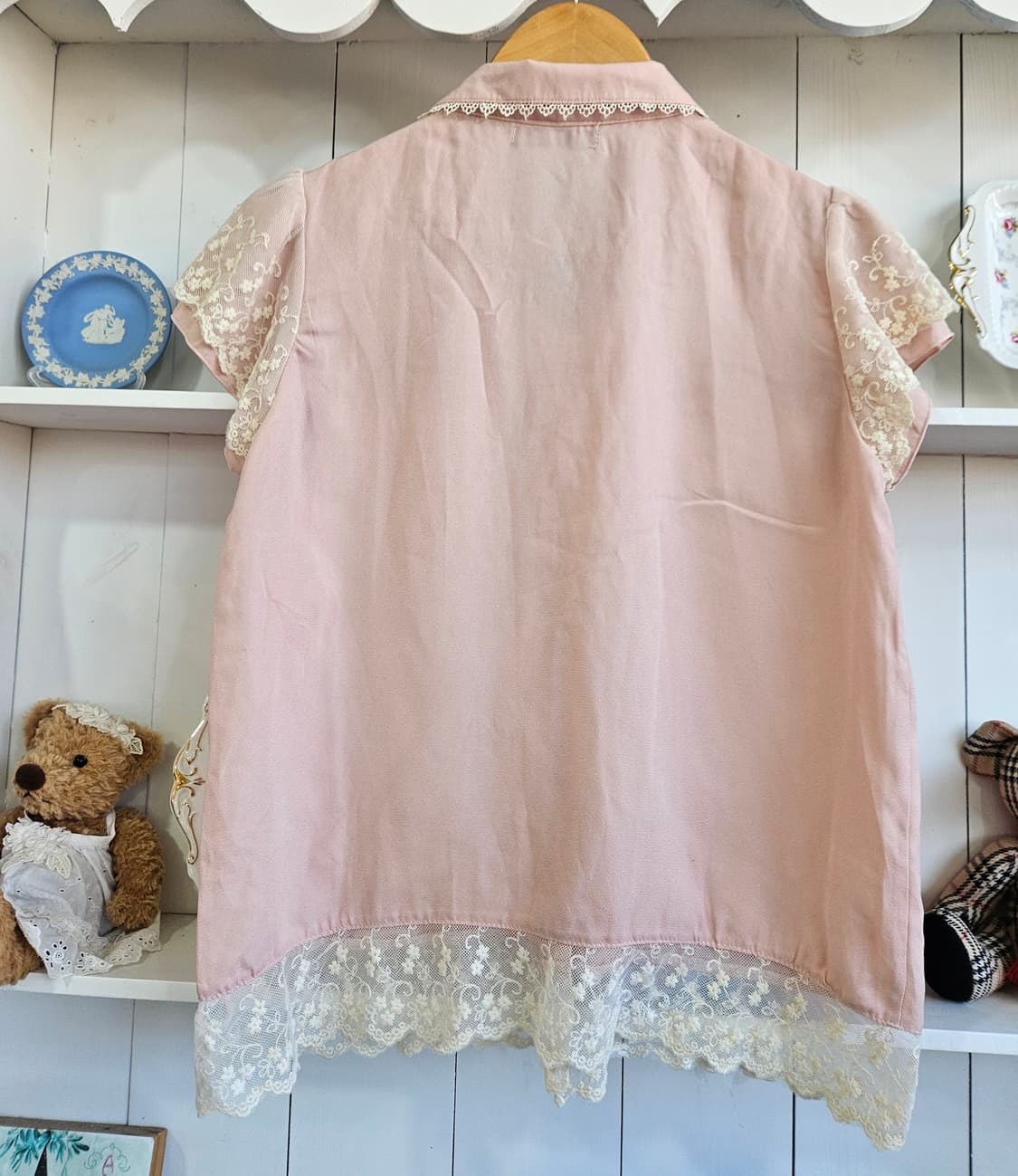 핑크 레이스 블라우스 리본 반팔 상품이미지5