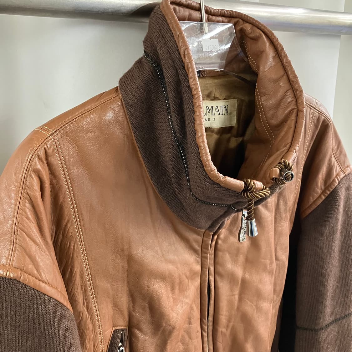 발망 브라운 양가죽 울 배색 하이넥 자켓 XL 상품이미지4