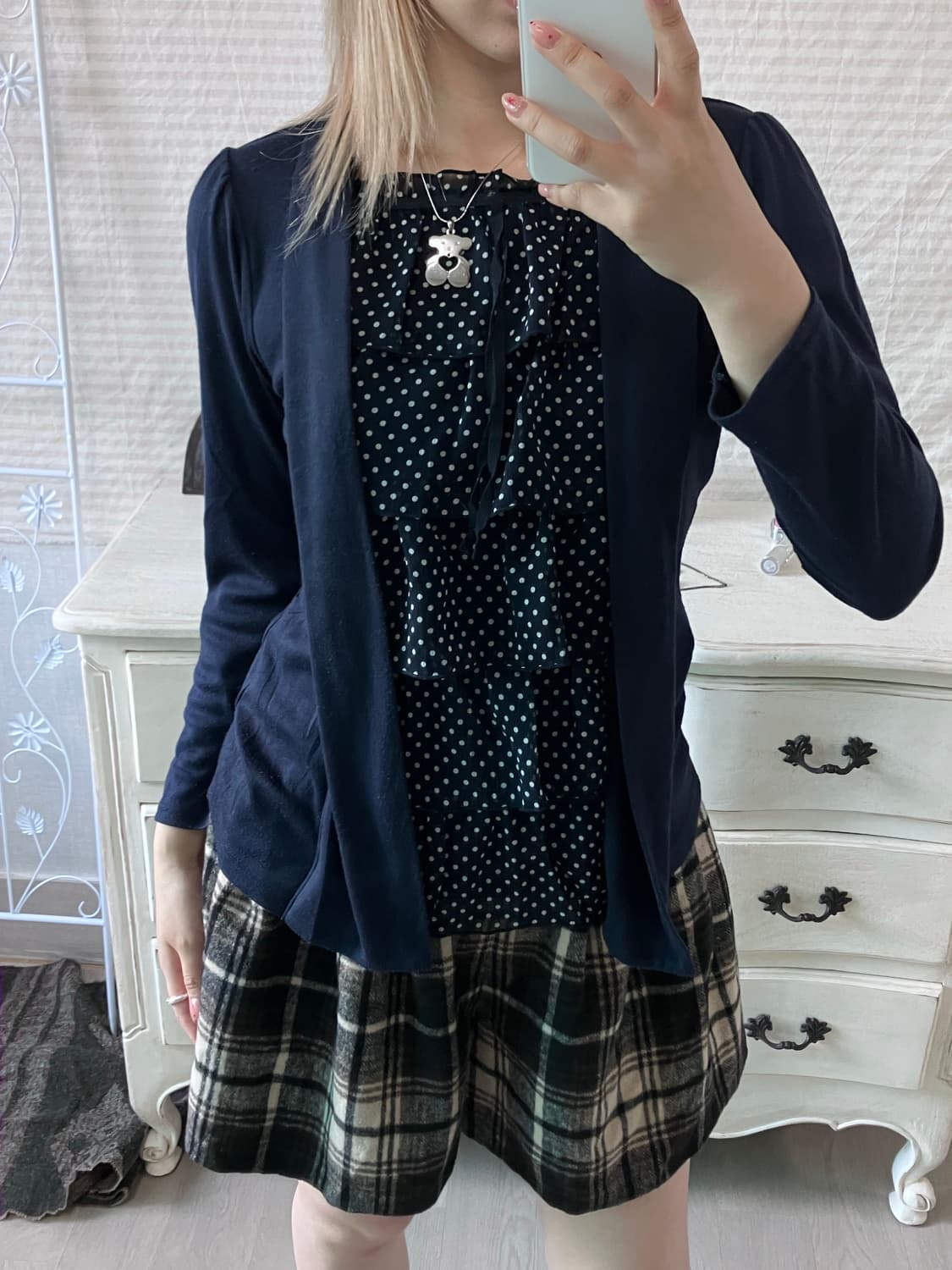 jpn vintage 네이비 도트 프릴 블라우스 롱 슬리브 상품이미지2