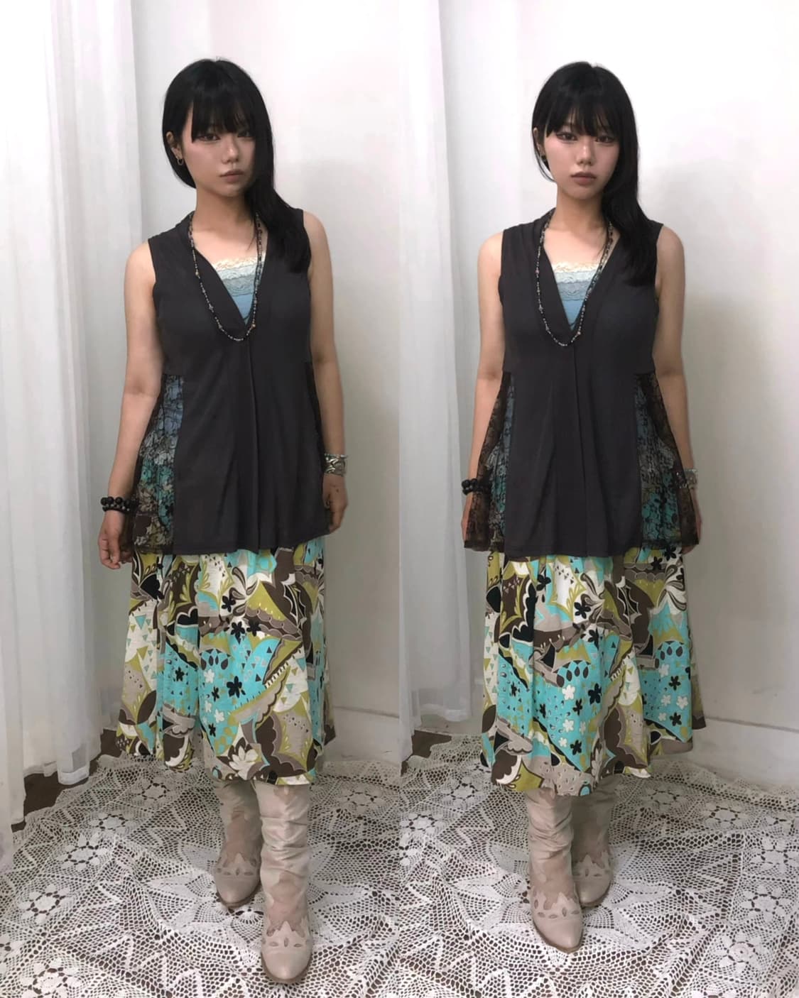 mint brown abstract pattern long skirt 상품이미지4